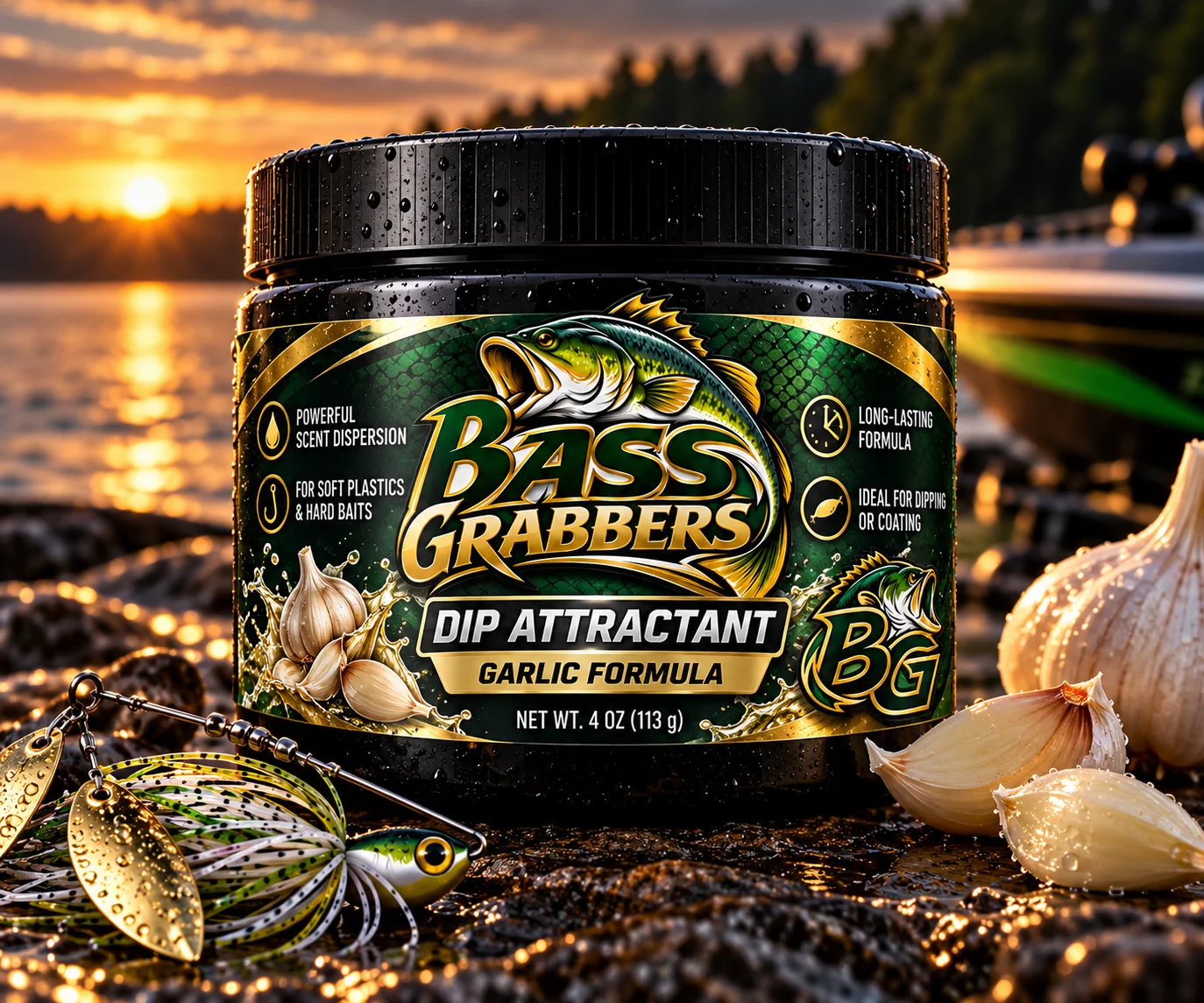 Full Bass Grabbers Garlic Formula dip attractant wide-mouth jar packaging concept with fishing lure