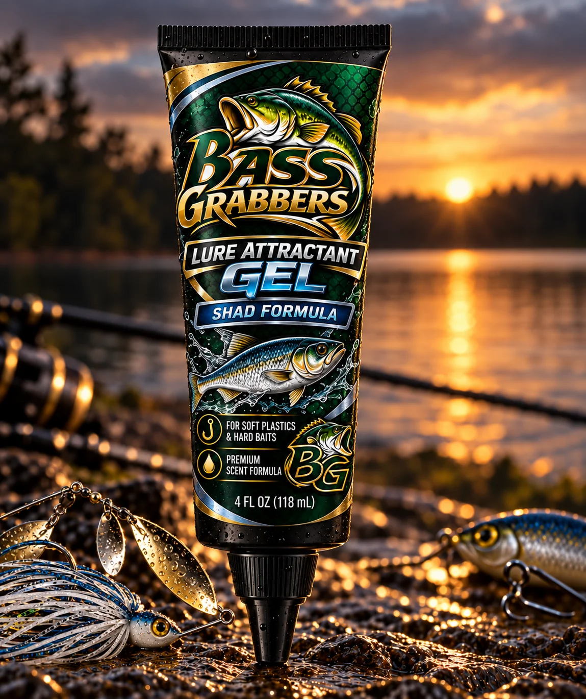 Full Bass Grabbers Shad Formula lure attractant gel squeeze tube concept with spinnerbait